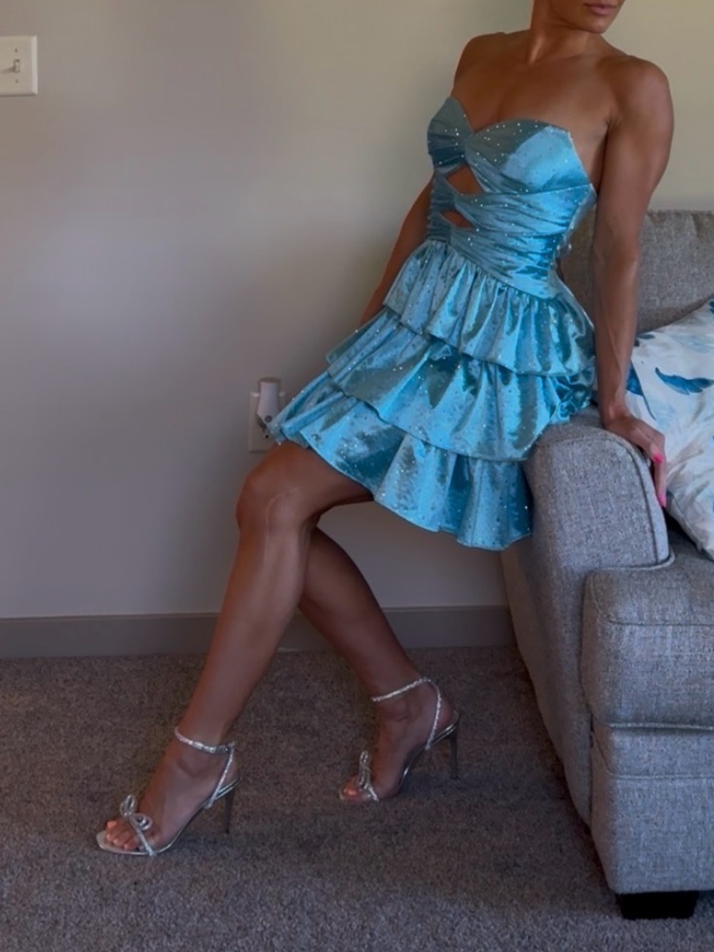 Strapless Sparkling Aqua Blue Ruffled Mini Dress